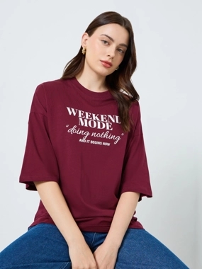 Styli Women Burgundy Slogan Print T-Shirt