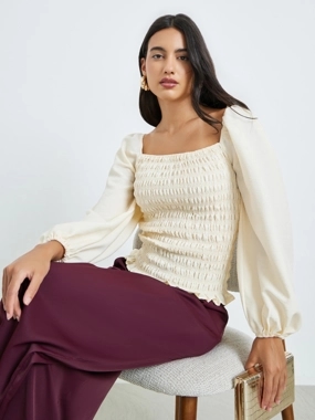 Styli Off-White Smocked Detail Balloon Sleeve Blouse