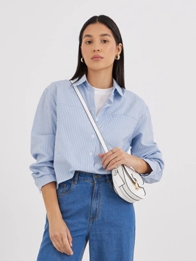Styli Women Blue Striped High-Low Hem Shirt