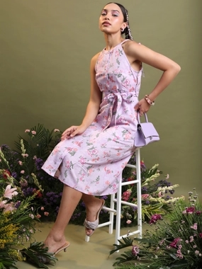 Vishudh Floral Printed Halter Neck A-Line Midi Dress with Belt