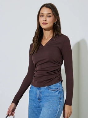 Styli Brown Long Sleeves Collared V-Neck Knit Top
