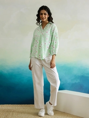 Sanskrutihomes All-Over Floral Print Balloon Sleeve Cotton Top