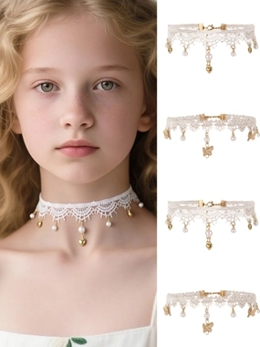 Take Two Girls White Lace Choker Necklace with Charms