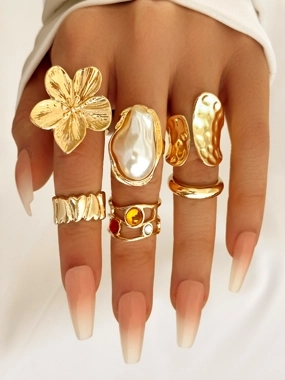 Take Two Set of 6 - Faux Pearl Flower Decor Cuff Rings