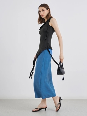 Take Two Blue Solid A-Line Midi Skirts