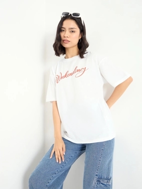 Styli White Weekending Slogan Oversized 100% Cotton T-Shirt