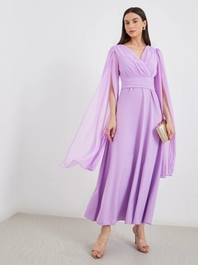 Take Two Cape Sleeve Pleated Detail V-Neck A-Line Maxi Dress