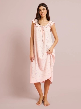 Styli Unwind Pink Ditsy Floral Ruffle Neck Front Tie Nightdress