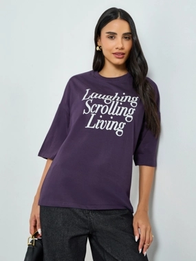 Styli Purple Slogan Print Oversized T-Shirt