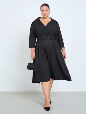 Styli Plus Size Belted A-Line Midi Dress