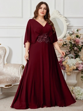 UNITHORSE Plus Size Burgundy Sequin Embellishment A-Line Maxi Dress