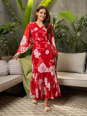Sassafras Red Floral Print Balloon Sleeve Midi Dress
