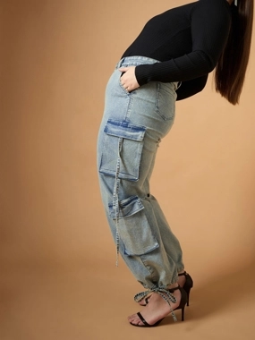 Sassafras Plus Size Acid Wash Straight Fit Jeans with Cargo Pockets