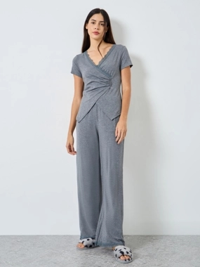 Styli Unwind Wrap Button Waist Lace Detail Top and Pyjama Set