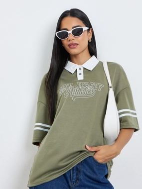 Styli Green Slogan Contrast Collar Oversized Polo T-Shirt