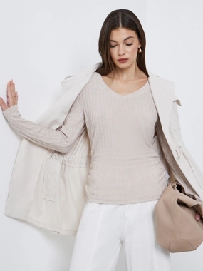Styli Beige Ribbed Knit Top