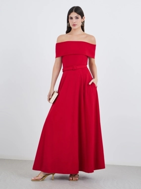 Styli Off Shoulder Belted A-Line Maxi Dress