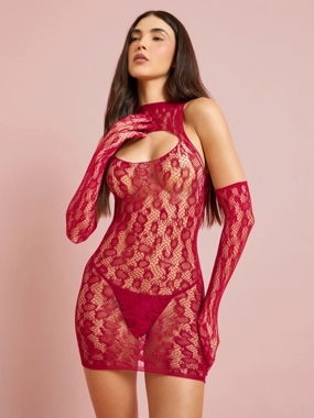 Styli Red Open Patterned Mesh Bodycon Slip with Gloves and Brief Set