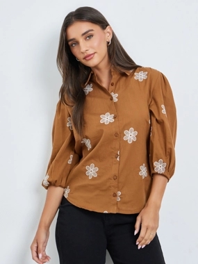 Styli Brown Embroidered Puff Sleeve Shirt