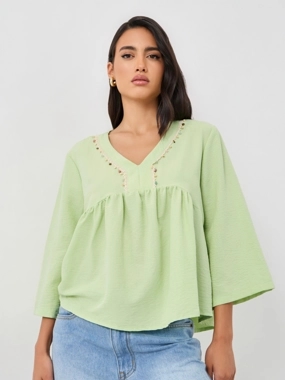 Styli Embellished Lace Detail V-Neck Peplum Blouse