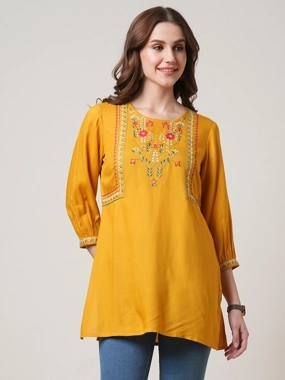 Globus Mustard Embroidered Yoke Fusion Tunic