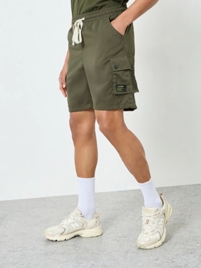 Take Two Men Khaki Solid Pocket Detail Shorts with Drawstring