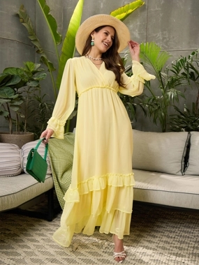 Sassafras Yellow V Neck Ruffled Maxi Dress