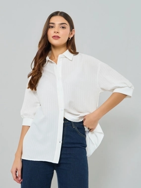 Take Two White Textured Long Sleeve Shirt