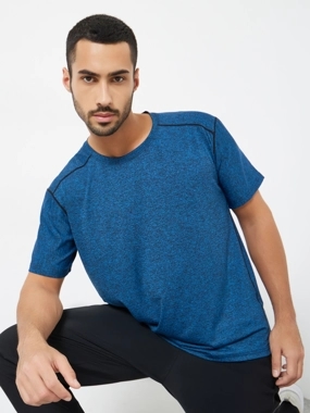 Styli Active Men Blue Acid Wash Quick Dry Textured Training T-Shirt