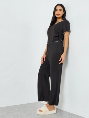 Styli Unwind Black Lettuce Edge Notch Neck T-Shirt and Pyjama Set