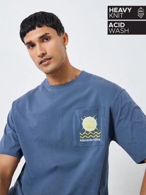 Styli Men Blue Embroidered Oversized T-Shirt