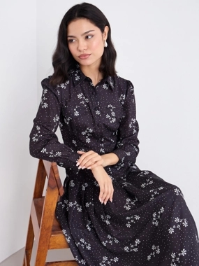 Styli Black Ditsy Print Shirt Midi Dress