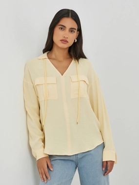 Styli Solid V Neck Blouse with Utility Pockets