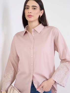Styli Pink Embroidered Long Sleeve Oversized Shirt