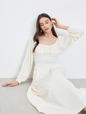 Take Two Beige Balloon Sleeve A-Line Midi Dress