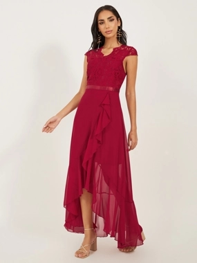 Take Two Lace Ruffled Asymmetric Hem A-Line Midi Dress