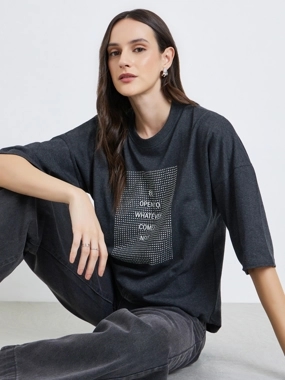 Styli Charcoal Slogan Oversized T-Shirt with 3/4 Sleeves