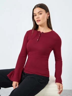 Styli Red Textured Knit Henley Neck Fitted T-Shirt