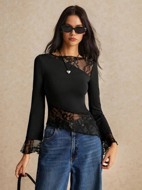 Take Two Black Solid Lace Insert Asymmetric Hem Top