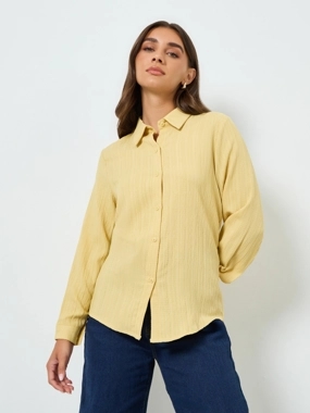 Styli Women Yellow Textured Linen Long Sleeve Shirt