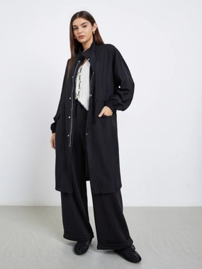 Styli Black Oversized Utility Coat with Drawstring