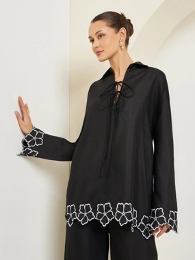 Styli Women Embroidered Front Self-Tie Oversized Shirt