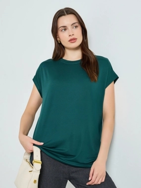Styli Green Relaxed Fit Solid T-Shirt