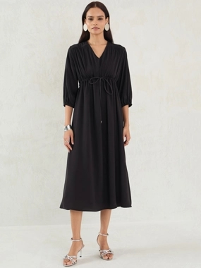 Femmella Satin Ruched Waist V-Neck Midi Dress
