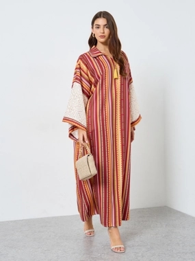 Keenly Striped Collared Tassel Embellished Jalabiya