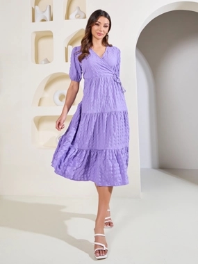 Styli Textured Tiered Wrap Midi Dress