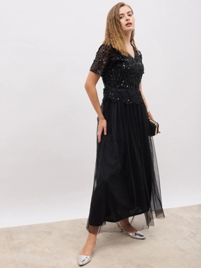 Styli Sequin Embellished Short Sleeves A-Line Maxi Dress