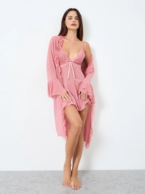 Take Two Mesh Flare Sleeve Robe with Patchwork Lace Embroidery Bow Detail Cami Dress Set