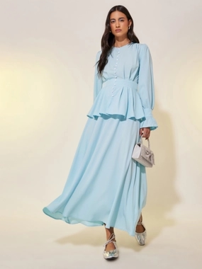 Take Two Pearl Button Ruffled Details Maxi Dress