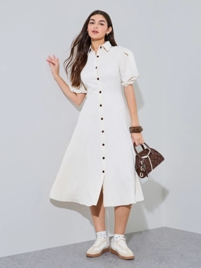 Styli Cream Balloon Sleeves Shirt Midi Dress